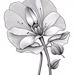 black and white flower drawn in pencil,a black and white drawing of a flower