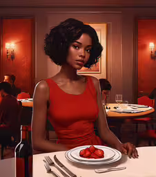 a woman sits in front of plates with food on them,a woman sitting at a restaurant table with a plate of food