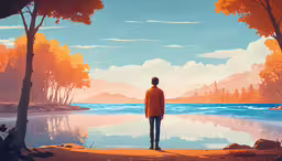 a person standing on a sandy shoreline by water,a man stands by the water looking into the woods