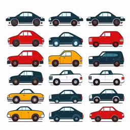 several cars are shown on an illustrated road,several different colored cars that can be used in different ways,the illustration shows an assortment of cars, all in different colors,a group of different colored cars sitting in a parking lot,the colors of classic cars are arranged in a flat style