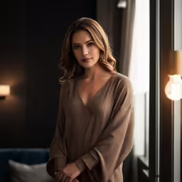 a woman in a brown robe by a mirror