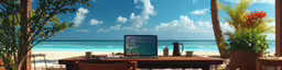 there is a laptop computer on a table near the beach