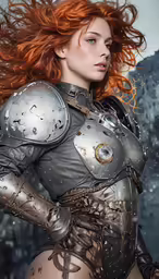 an attractive woman in silver armor posing
