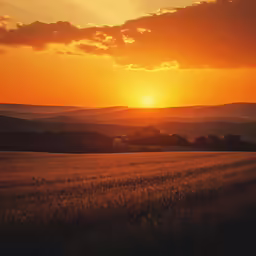 the sun sets over a field with grass
