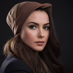 a woman wearing a brown turban on her head