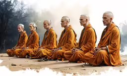 six buddhist monks are sitting in line with one another