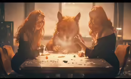 two girls are sitting at a table in front of a wolf
