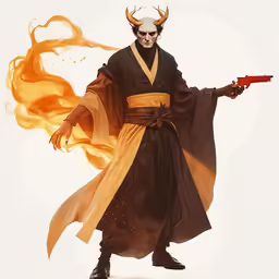 a man in kimono holding a pistol with a flame