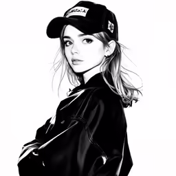 a drawing of a woman wearing a baseball hat