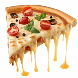 a piece of cheese and tomato pizza with olives and tomatoes being carried