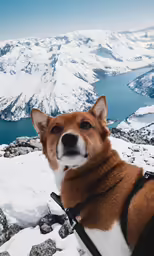 a brown and white dog with his head sticking out