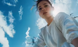 a young woman looking up at the sky while holding an umbrella