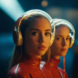 three young women with headphones are shown
