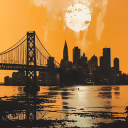 the sun rises over the skyline with a bridge reflecting on the water