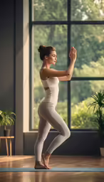 a beautiful woman wearing white stands in front of a window