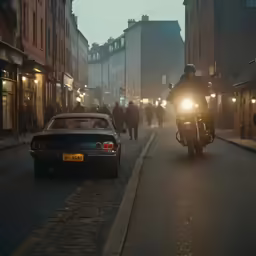 the person on the motor bike is driving down the street