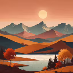 the mountains near a lake are red and yellow,a stylized painting of a mountain lake with trees on it