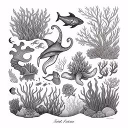 an illustration of various ocean animals and corals,an illustration of sea life by a person