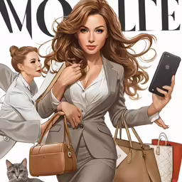 the cover of a magazine called mollie featuring a woman carrying many purses and a phone