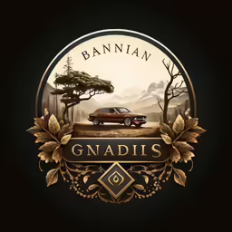 a vintage car sits in a circular logo
