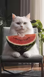 a cat sitting on a chair while holding onto a watermelon