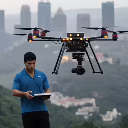 a man holding a tablet under a small flying device