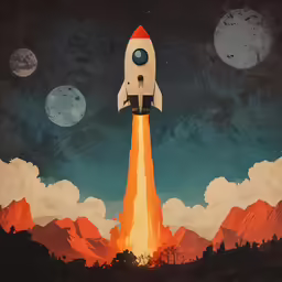 an illustration of an orange and white rocket launch in the night sky