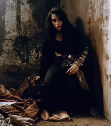 a woman sits on the floor in front of the walls with the cloth