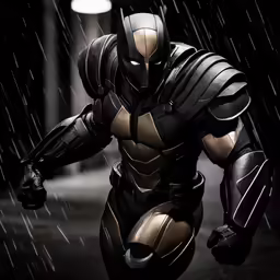 batman costume standing in the rain
