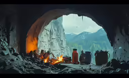 a stone tunnel with fire in the middle and bottles sitting on the floor