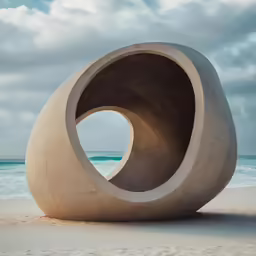 a concrete sculpture that resembles a spiral on the sand near the ocean