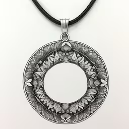 a drawing of a circle that is inside of it,the small circular pendant has an intricate design