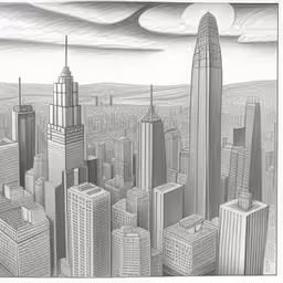 drawing the city by a pencil - - - how do you draw a skyscraper in perspective?,an artistic drawing of a view from the top of a skyscraper