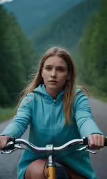 a woman rides a bicycle on a mountain road