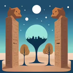 cartoon animals standing at a city gate on a desert,two animals sticking their heads out of some tall pillars