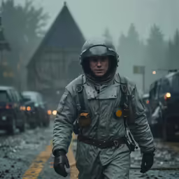 the man is wearing all kinds of gear