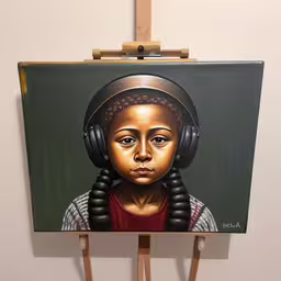 an image of a girl wearing headphones in front of a picture