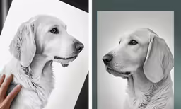 a hand is holding up a photo of a dog