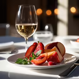 a plate with fruits on it next to a wine glass