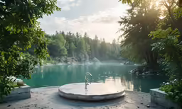the patio is located in a shady place near the water