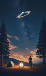 a person standing in the grass looking at a star