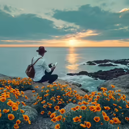 a man is sitting on a rock near the ocean and reading a book
