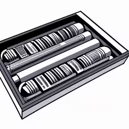 two opened pencils are laying on top of each other,two open drawers with different black and white things