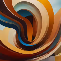 art work showing colored, overlapping stripes and shapes,a very tall curved sculpture with many colors on it