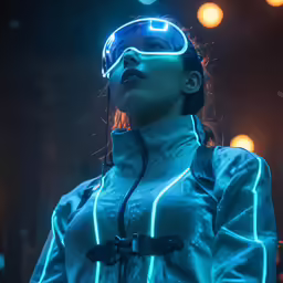 a woman standing in front of an array of neon lights wearing glasses and jacket