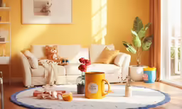 a living room with a yellow wall and coffee mug