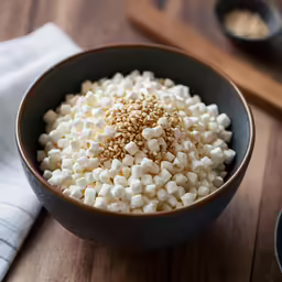 a bowl of marshmallows on a wooden table