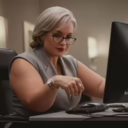 a woman in glasses typing on a keyboard