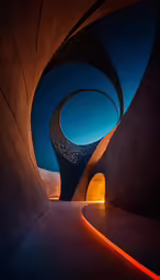a long walkway inside an open space, lit up with a neon light