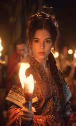 a woman holding a candle with one eye on it